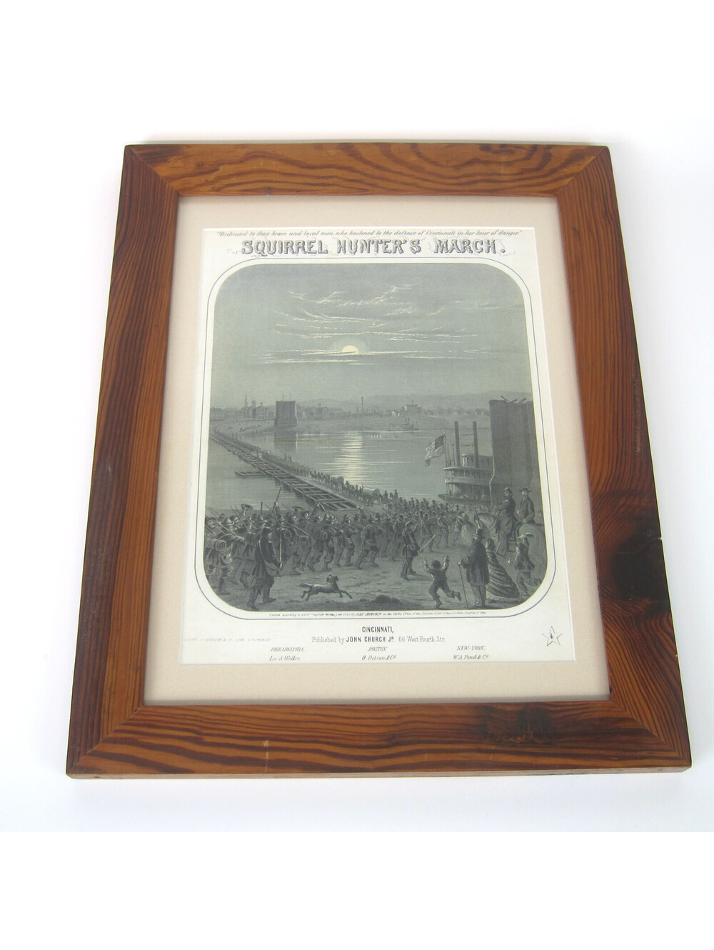 1863 Civil War Sheet Music Color Litho Squirrel Hunter's March Brinley Framed
